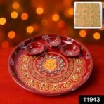 Hand-Painted Decorative Pooja Thali with  Motif and Diyas - Image 2