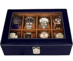 Presents Luxury 12-Slot Watch Box for Men & Women ? Lockable Leather Watch Organizer with Glass Lid, Soft Velvet Cushions, Premium Display & Storage Case for Watches (Blue)