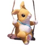 Adorable Bunny Rabbit on a Swing Statue - Whimsical Hanging Garden Figurine - Resin Indoor/Outdoor Tree or Patio Decor
