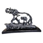 Elephant Mother & Baby Figurine - Lucky Trunk Up Black & Silver Resin Sculpture - Good Fortune Home Decor Statue for Family, Office, or Gift